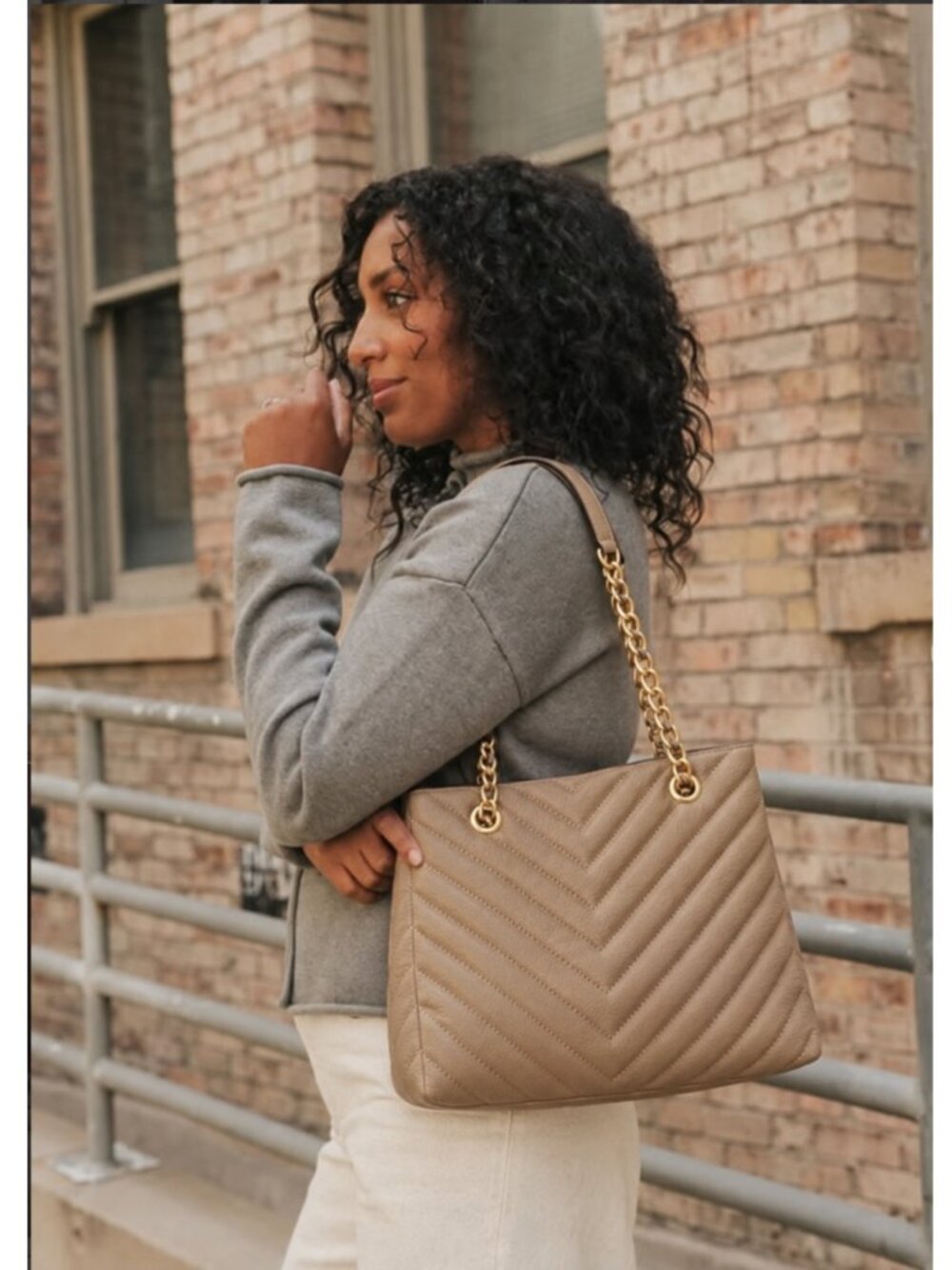 Quilted Tote with Wallet in Tan